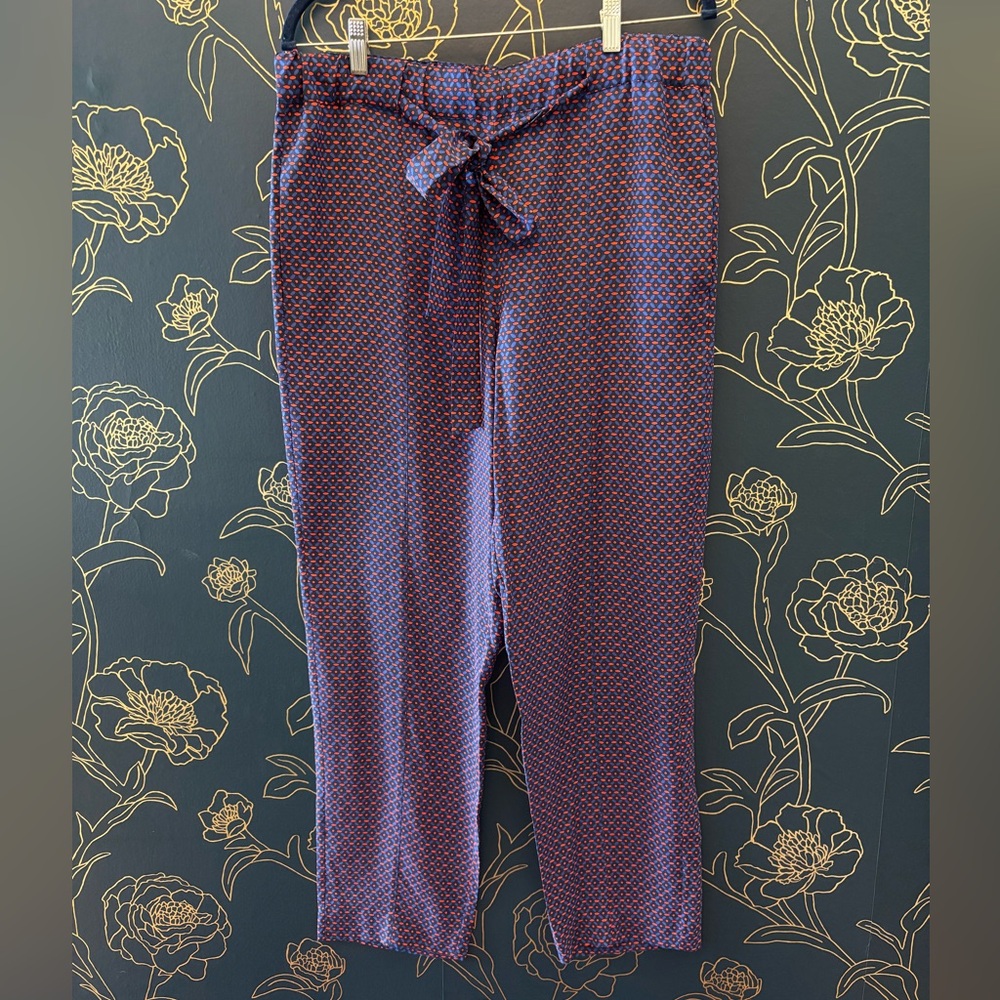 TORY BURCH Talia SILK geometric print PANTS drawstring SIZE 12 Royal blue/orange